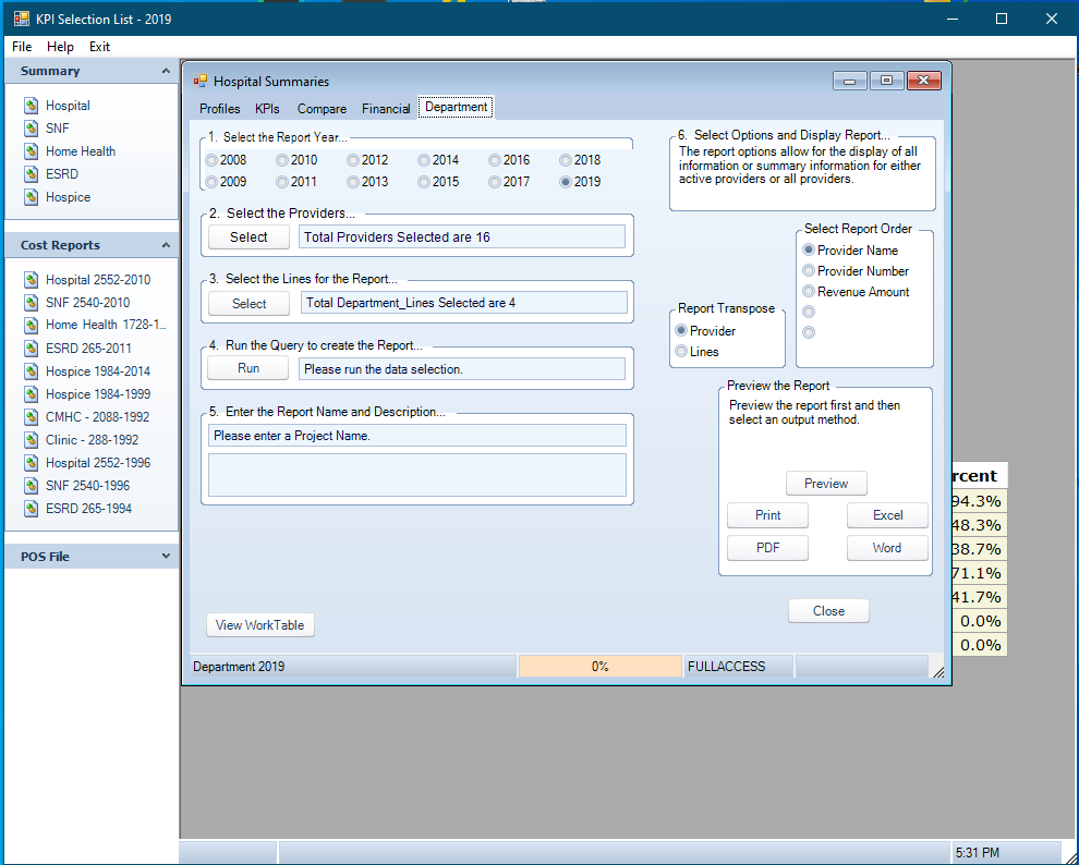 Department Report Setup
